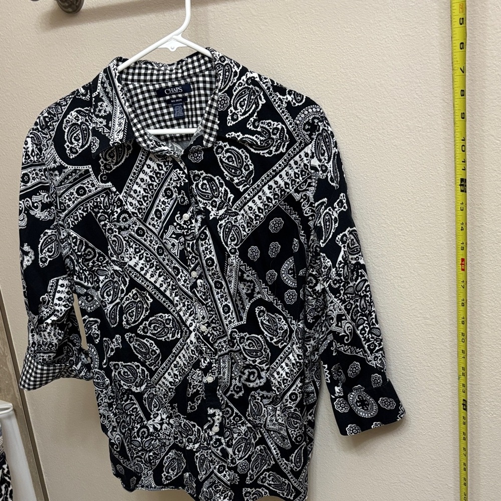 Chaps Black & White Paisley Button-Down 3/4 Sleeve Shirt